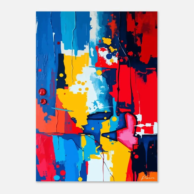 Peinture abstraite sur toile vibrante présentant des stries verticales audacieuses de bleu, rouge et jaune avec des éclaboussures de blanc et de rose.