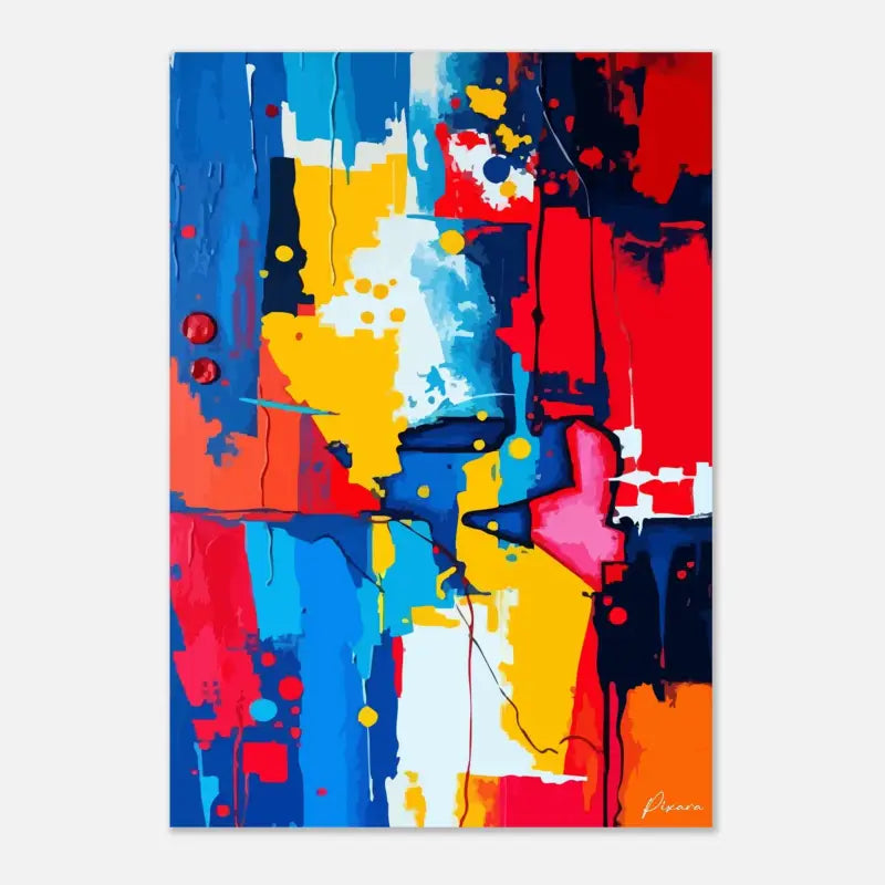 Peinture abstraite sur toile vibrante présentant des éclaboussures audacieuses de bleu, rouge, jaune et rose avec des coups de pinceau texturés et des gouttes.