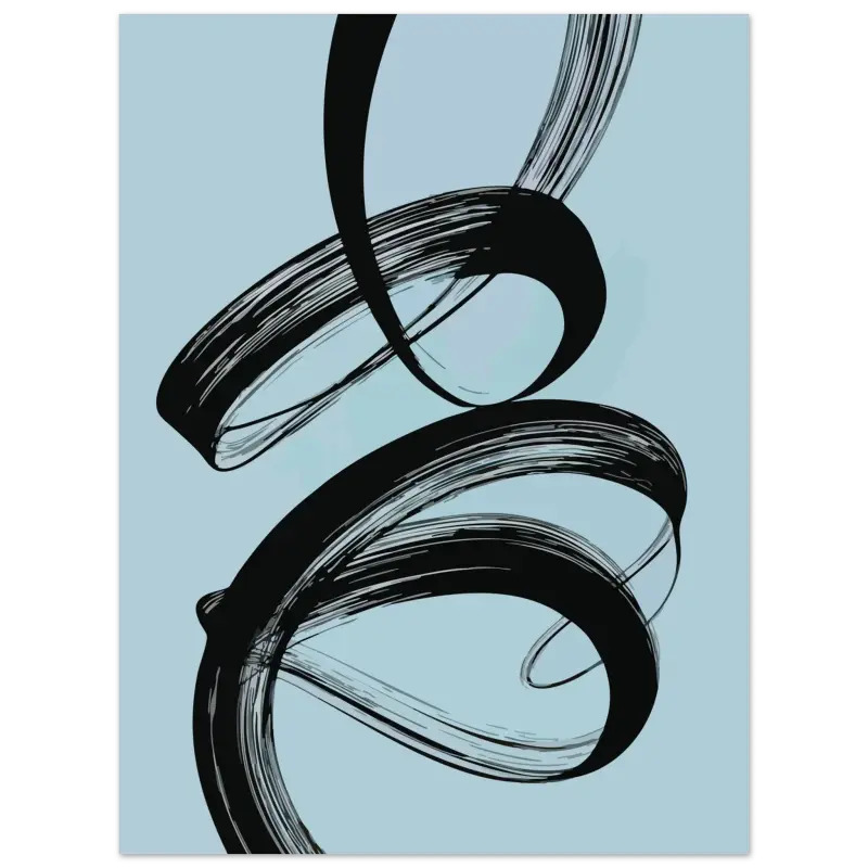 Œuvre d’art abstraite de trait de pinceau noir sur un fond bleu clair.