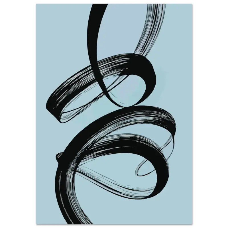 Œuvre d’art abstraite de trait de pinceau noir sur un fond bleu clair.