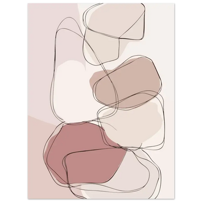 Impression abstraite mettant en scène des formes en beige doux, rose poudré et taupe feutré, délimitées par de fines lignes noires.
