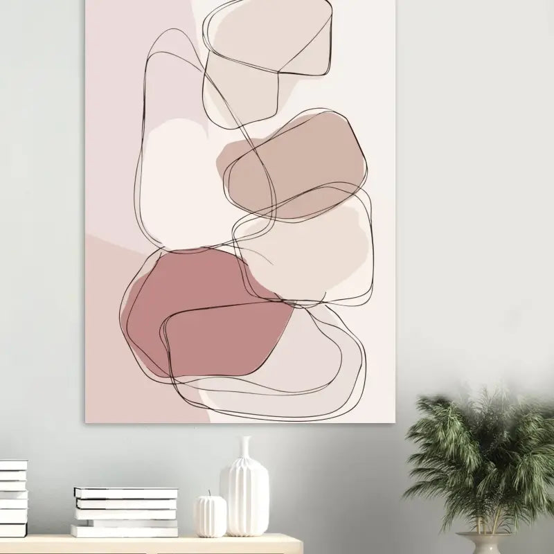 Une peinture sur toile abstraite moderne présentant des formes organiques superposées en tons doux de rose poudré, mauve et crème, soulignées de fines lignes noires.