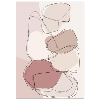 Impression abstraite mettant en scène des formes organiques superposées en tons doux de rose poudré, taupe et crème, soulignées de fines lignes noires.