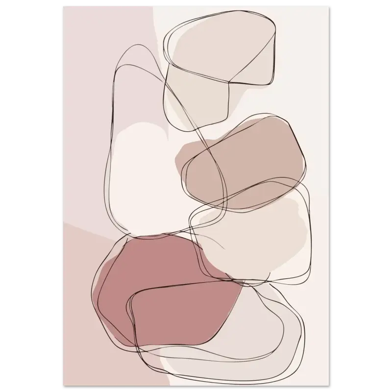 Impression abstraite mettant en scène des formes organiques superposées en tons doux de rose poudré, taupe et crème, soulignées de fines lignes noires.