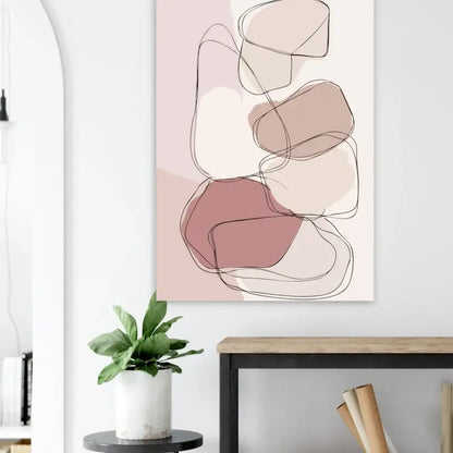 Une peinture abstraite moderne sur toile présentant des formes organiques superposées en tons doux de rose poudré, mauve et crème, délimitées par de fines lignes noires.