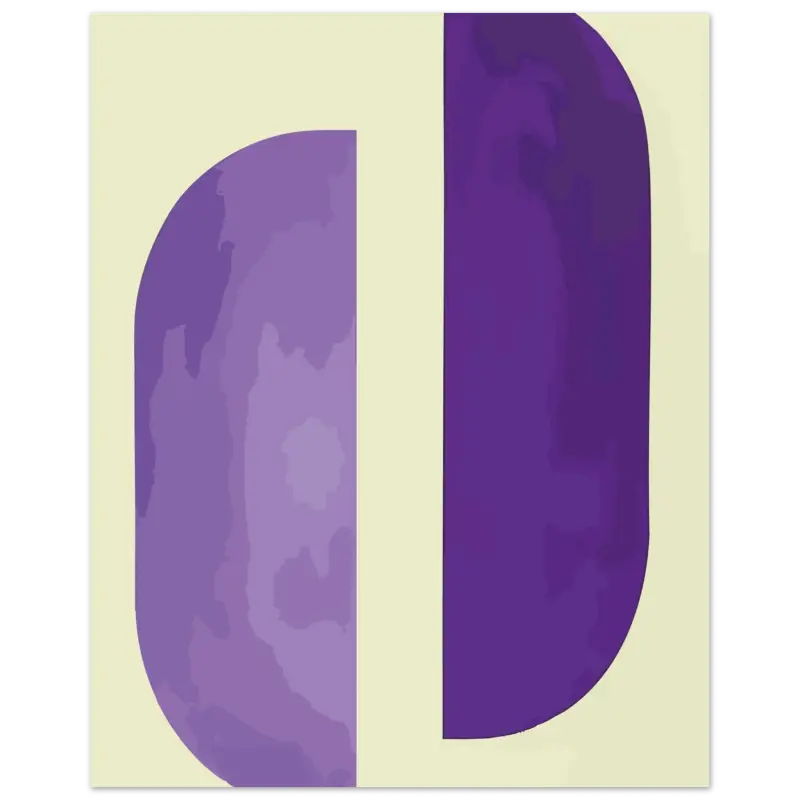 Une lettre ’d’ stylisée violette avec un effet de dégradé, divisée verticalement en deux tons — lavande plus clair à gauche et violet plus profond à droite.