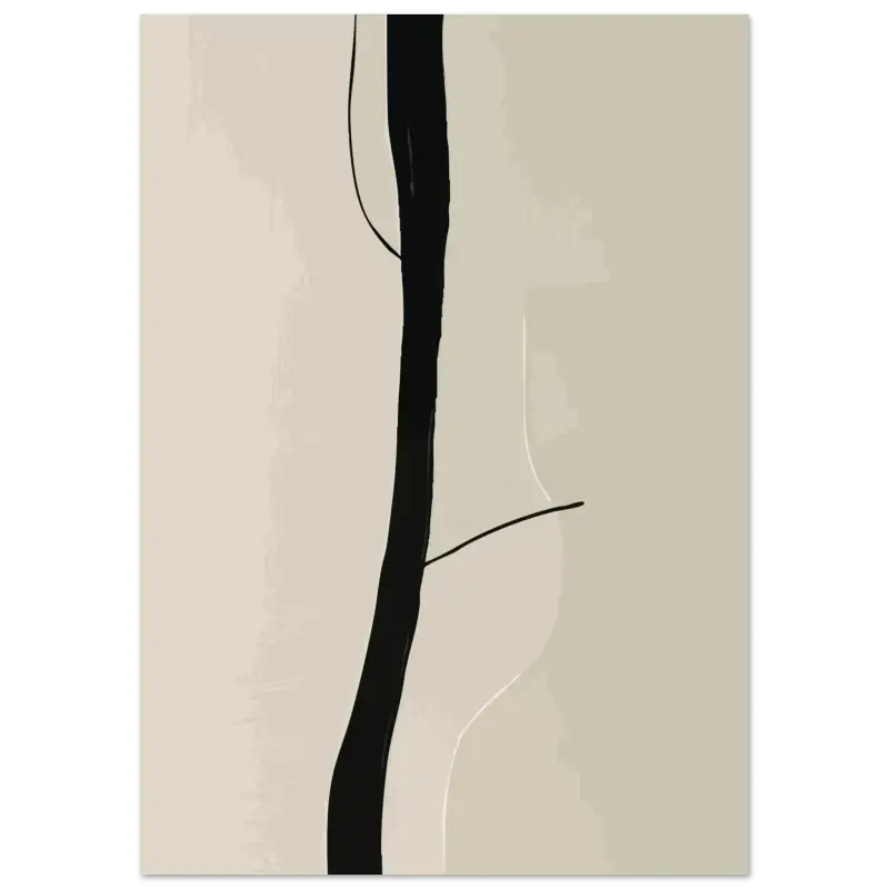 Estampe d’art abstrait minimaliste présentant une ligne verticale noire audacieuse sur un fond beige doux.