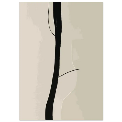 Impression d’art abstrait minimaliste mettant en vedette une ligne verticale noire audacieuse sur un fond beige doux.
