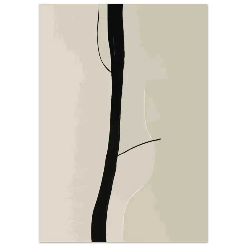 Impression d’art abstrait minimaliste mettant en vedette une ligne verticale noire audacieuse sur un fond beige doux.