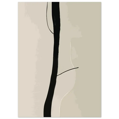 Impression d’art abstrait minimaliste présentant une ligne verticale noire audacieuse sur un fond beige doux.