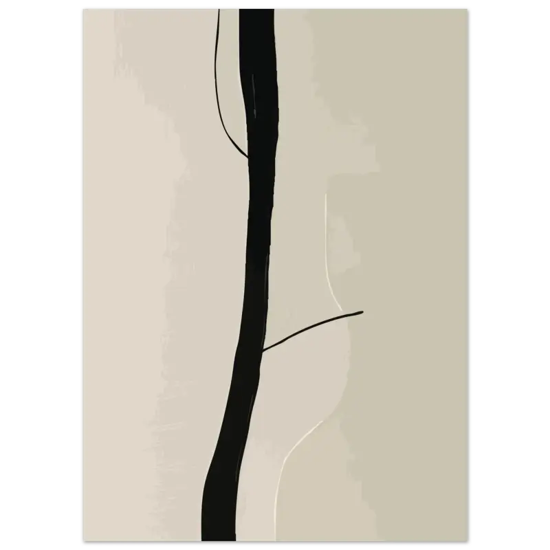 Impression d’art abstrait minimaliste présentant une ligne verticale noire audacieuse sur un fond beige doux.