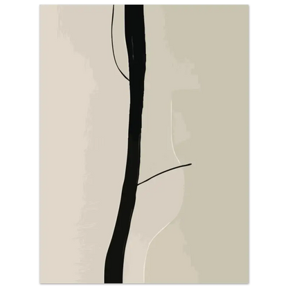 Impression d’art abstrait minimaliste présentant une ligne verticale noire audacieuse sur un fond beige doux.