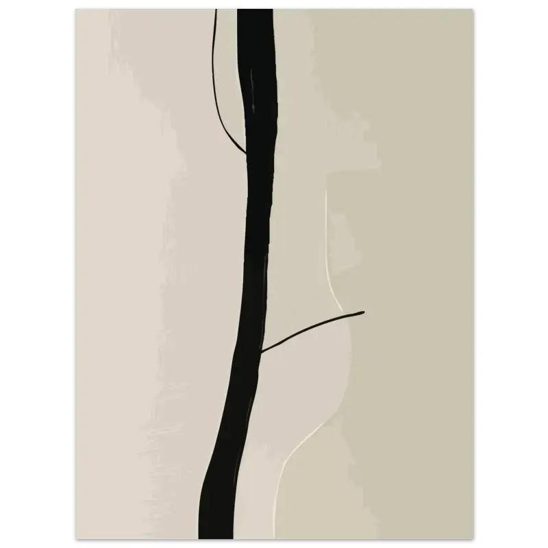 Impression d’art abstrait minimaliste présentant une ligne verticale noire audacieuse sur un fond beige doux.