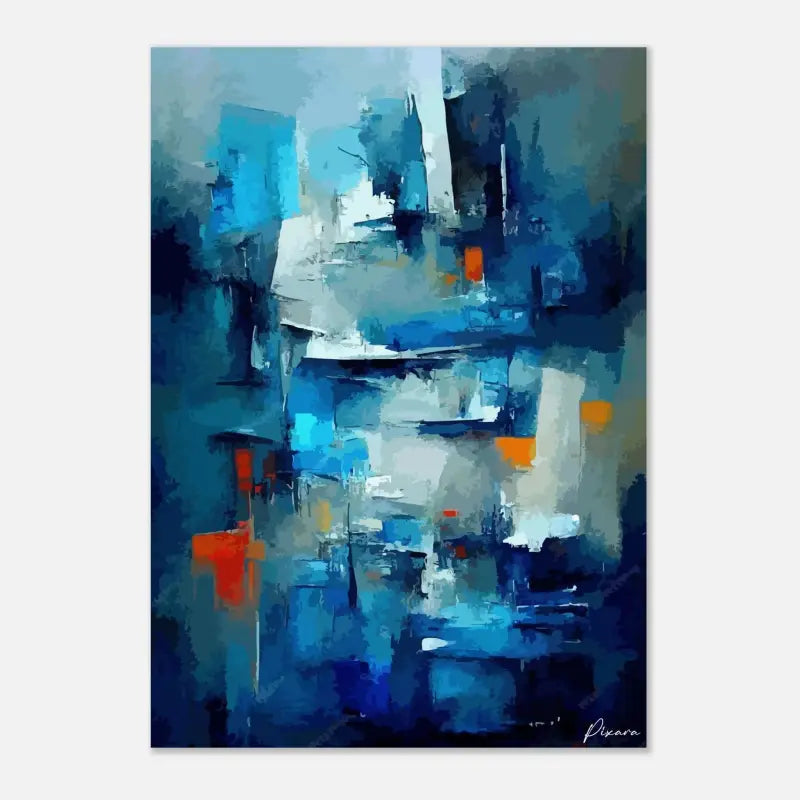 Peinture abstraite mettant en scène des teintes bleues audacieuses avec des accents d’orange et de blanc, rendue dans un style de coups de pinceau texturés.