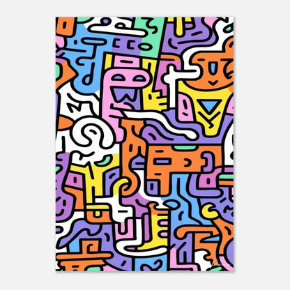 Impression d’art abstrait vibrant mettant en scène des figures audacieuses et cartoonistes dans un motif ludique de rose néon, orange, jaune, violet et bleu avec des contours noirs.