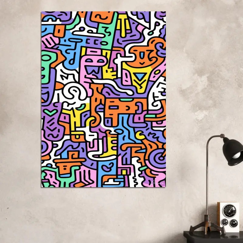 Toile abstraite vibrante mettant en scène des figures audacieuses et colorées de style cartoon dans un style géométrique ludique.