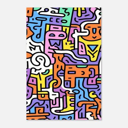 Impression d’art abstrait vibrant mettant en scène des figures audacieuses et cartoonish dans un motif ludique d’orange, rose, jaune, violet et bleu sur fond blanc.