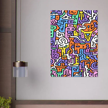 Impression abstraite vibrante sur toile mettant en scène des formes géométriques et organiques audacieuses et colorées dans un style ludique inspiré du graffiti.