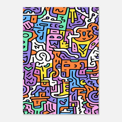 Impression d’art abstrait vibrant mettant en scène des formes et motifs audacieux, colorés, de style cartoon dans un style ludique inspiré du graffiti.