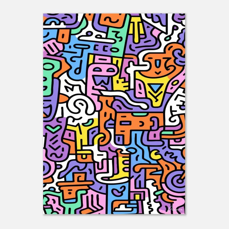 Impression d’art abstrait vibrant mettant en scène des formes et motifs audacieux, colorés, de style cartoon dans un style ludique inspiré du graffiti.