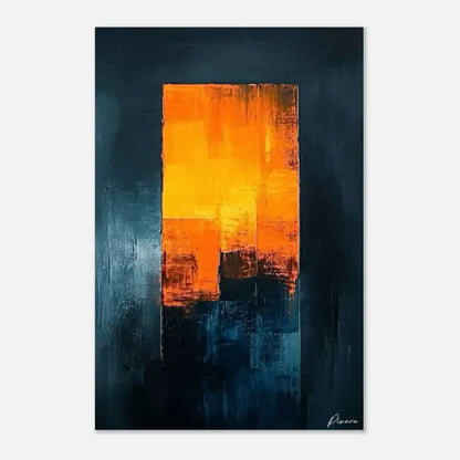 Peinture abstraite mettant en scène des coups de pinceau orange et jaune audacieux sur un fond bleu foncé.