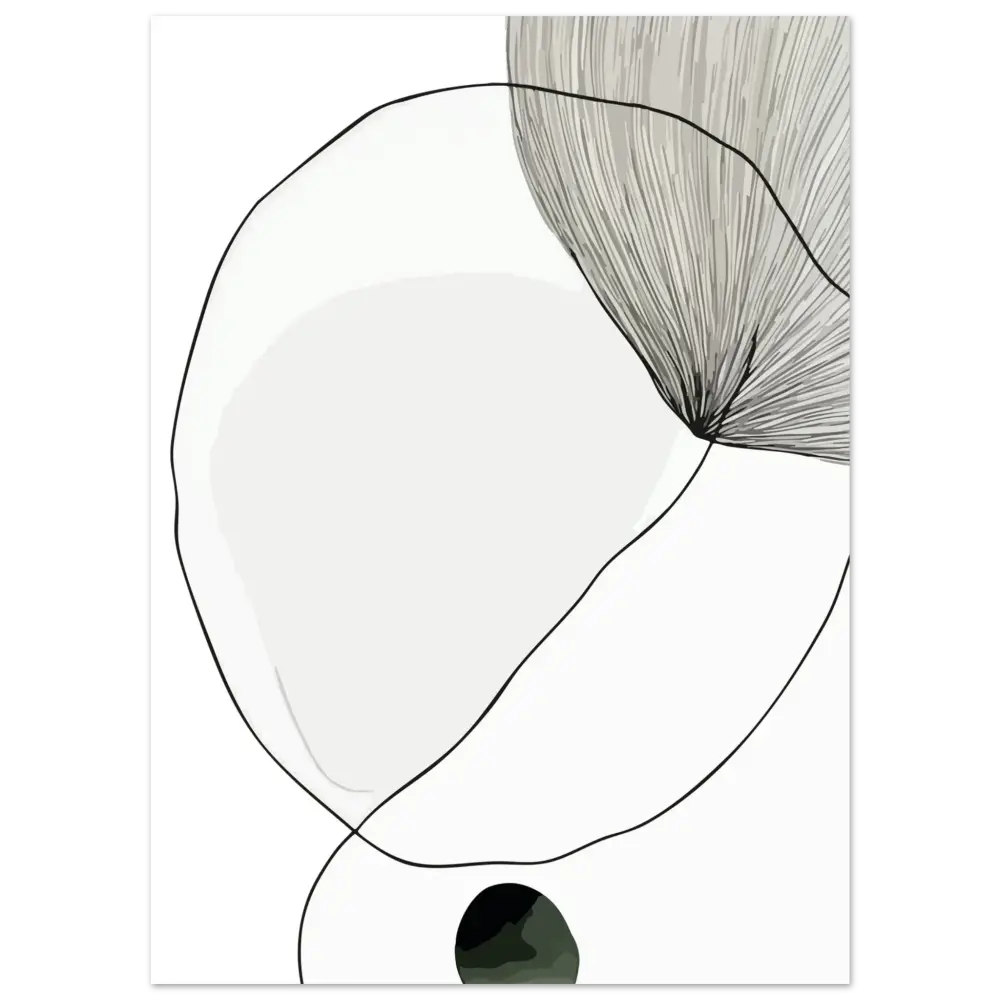 Estampe d’art abstrait minimaliste présentant des formes organiques gris clair et noir sur un fond blanc épuré.