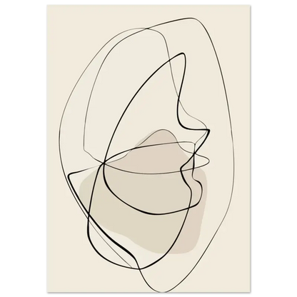 Portrait abstrait en art linéaire sur une toile de couleur crème, présentant des contours noirs audacieux et des lavis beige doux.