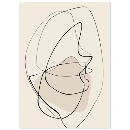 Portrait abstrait en art linéaire sur une toile de couleur crème avec des contours noirs et une ombre douce beige.