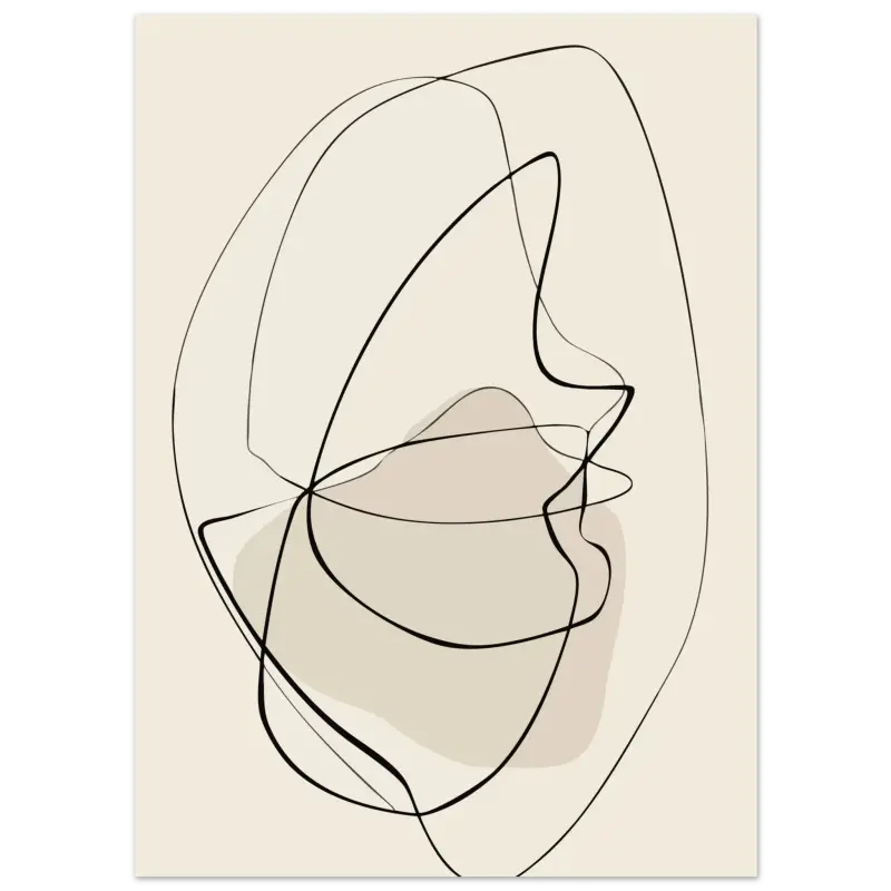 Portrait abstrait en art linéaire sur une toile de couleur crème avec des contours noirs et une ombre douce beige.