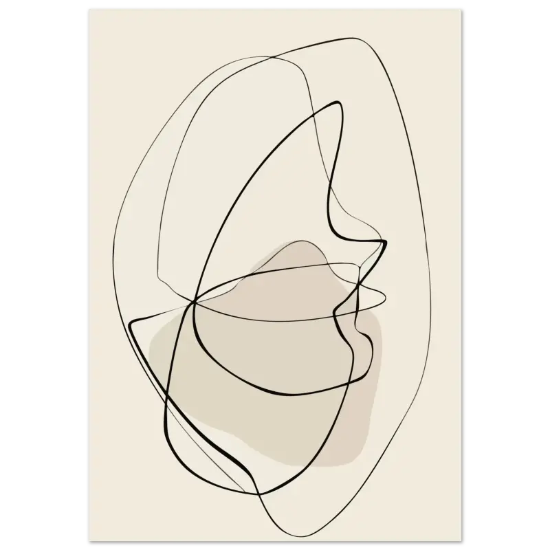 Portrait abstrait en art linéaire sur une toile de couleur crème, avec des contours noirs audacieux et un ombrage beige doux.