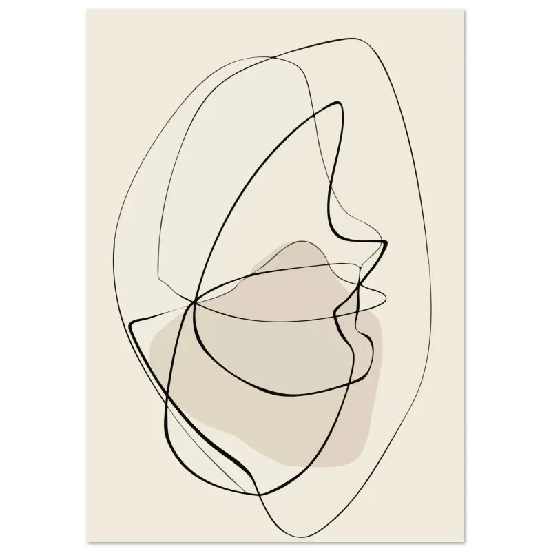 Art portrait abstrait minimaliste mettant en scène un visage stylisé rendu par des lignes noires fluides sur un fond beige doux avec des ombrages subtils en taupe mué.