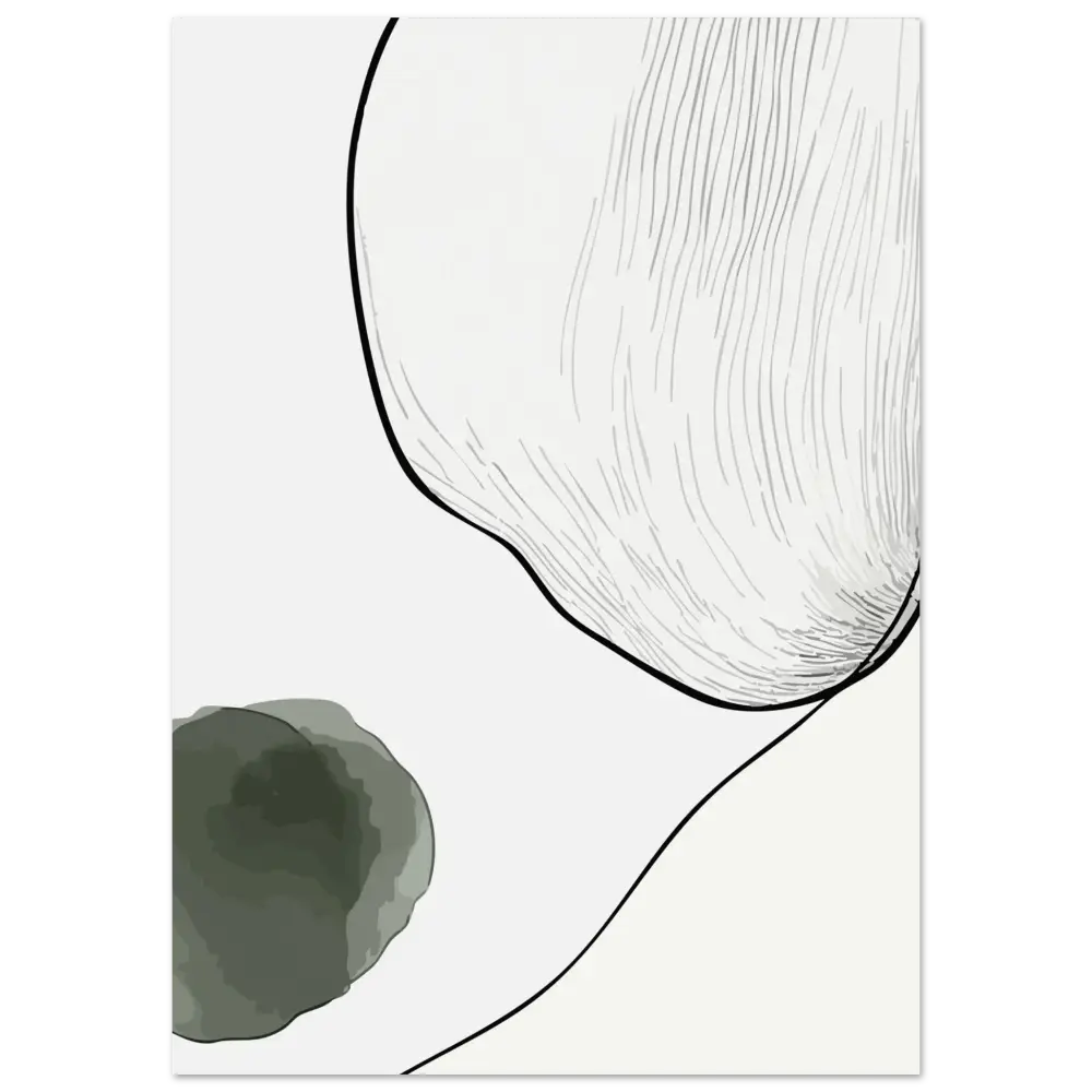 Œuvre d’art minimaliste abstraite présentant une grande forme grise ombrée en douceur avec une texture finement hachurée et un petit blob aquarelle vert foncé sur un fond blanc cassé clair.