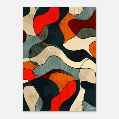 Impression d’art abstrait mettant en scène des formes fluides et organiques en rouges audacieux, oranges, bleus profonds et beiges crémeux.