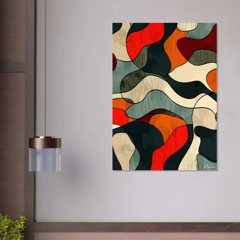 Peinture abstraite sur toile mettant en scène des formes audacieuses et fluides dans des tons de rouge, d’orange, de noir et de crème.