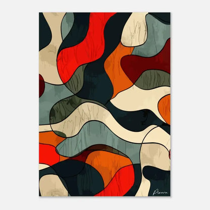 Impression d’art abstrait mettant en scène des formes fluides et organiques dans des rouges audacieux, oranges, noirs profonds et tons terre atténués.