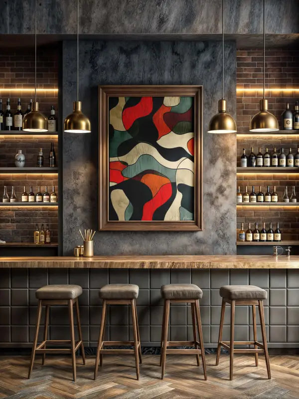 Une peinture abstraite encadrée avec des tourbillons audacieux en rouge, noir et teal sur un fond crème, enchâssée dans un cadre en bois rustique.