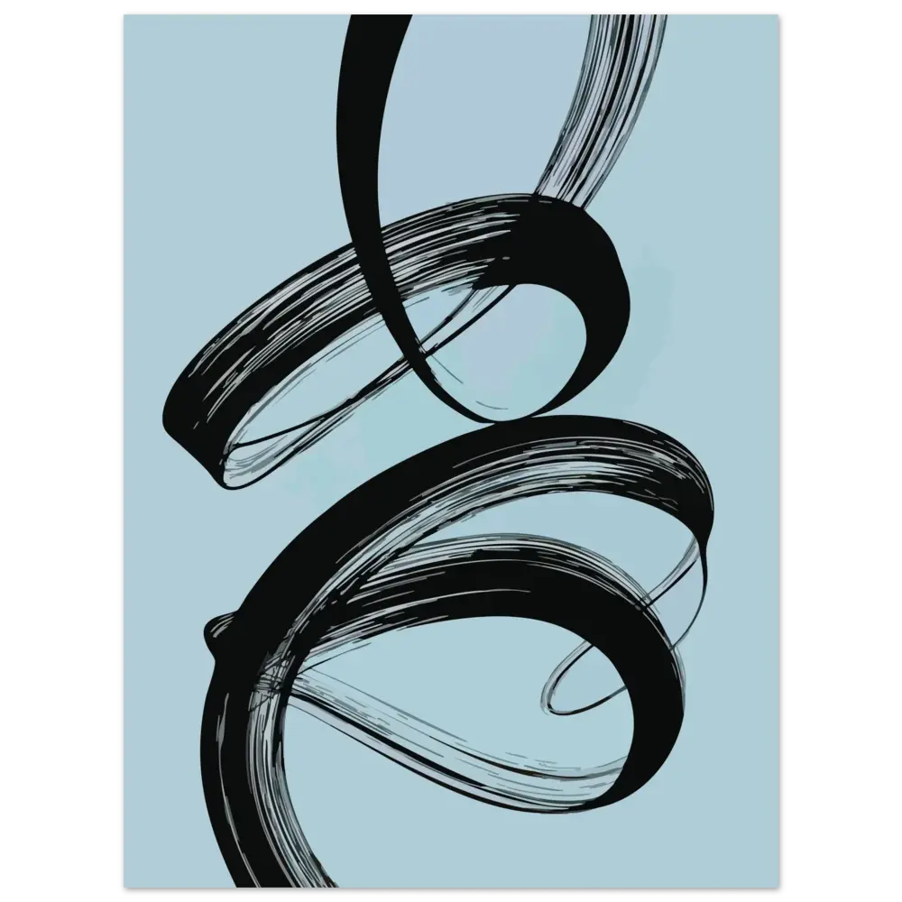 Œuvre d’art abstraite de trait de pinceau noir sur un fond bleu clair.