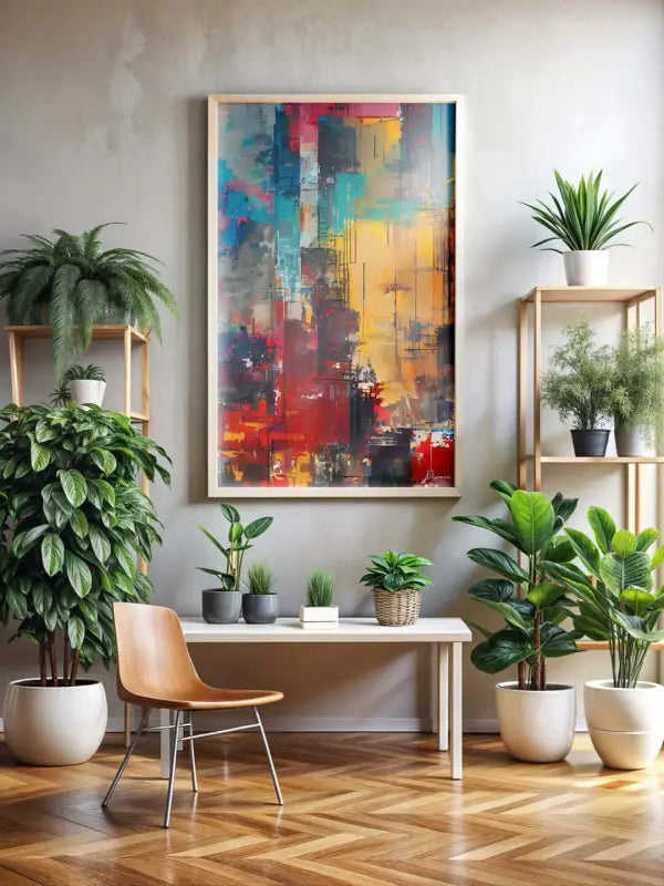 Une peinture abstraite vibrante avec des traits audacieux de rouge, jaune, bleu et turquoise dans un simple cadre en bois.