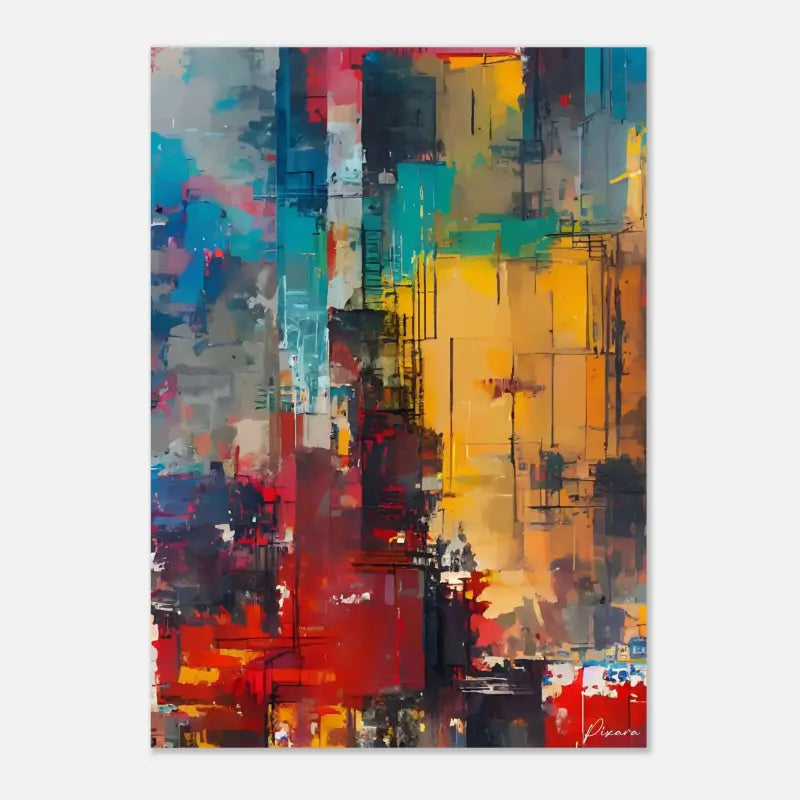 Peinture abstraite sur toile vibrante présentant des blocs audacieux de rouge, jaune, bleu et turquoise avec des coups de pinceau texturés.