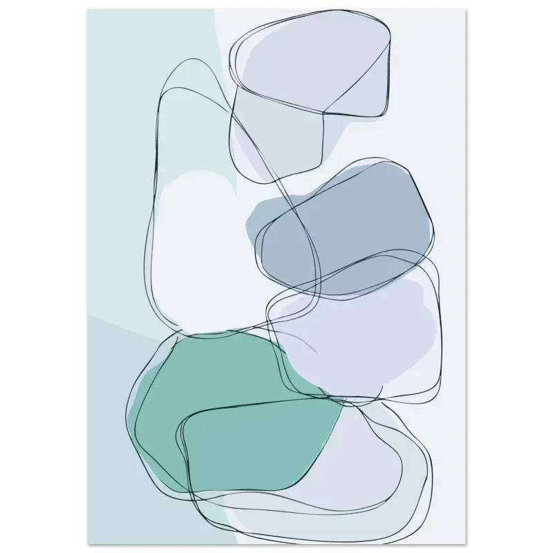 Estampe d’art abstrait mettant en scène des formes organiques superposées en bleu-vert doux, bleu-gris atténué et blanc, délimitées par de fines lignes noires.