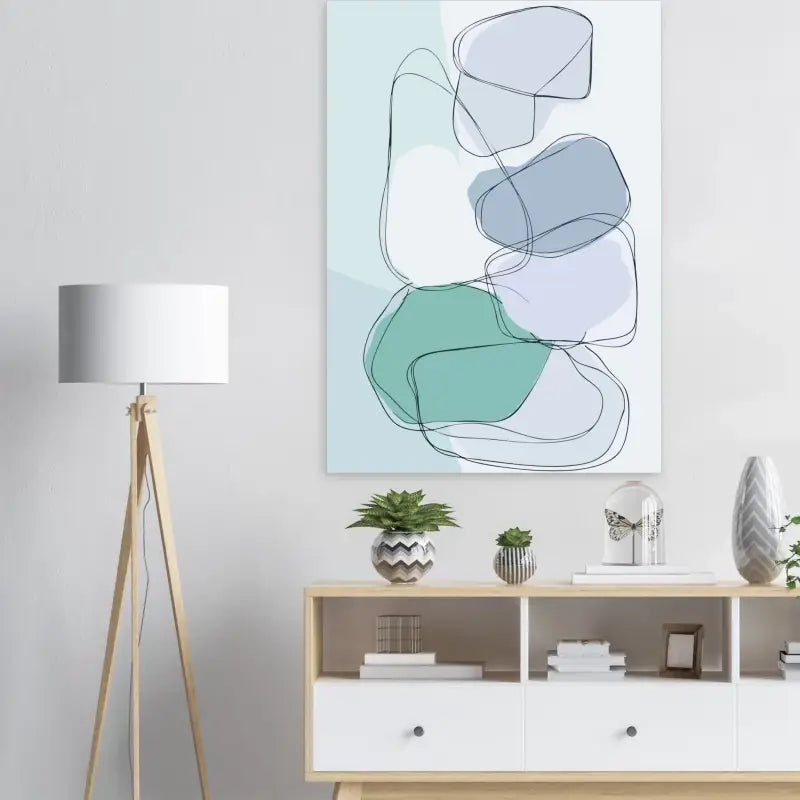 Art abstrait sur toile mettant en scène des formes organiques superposées en tons de bleu-vert doux et de bleu atténué, délimitées par de fines lignes noires.