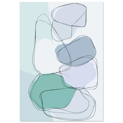 Impression d’art abstrait mettant en scène des formes organiques superposées en vert sauge doux, bleu-gris feutré et blanc, délimitées par de fines lignes noires.