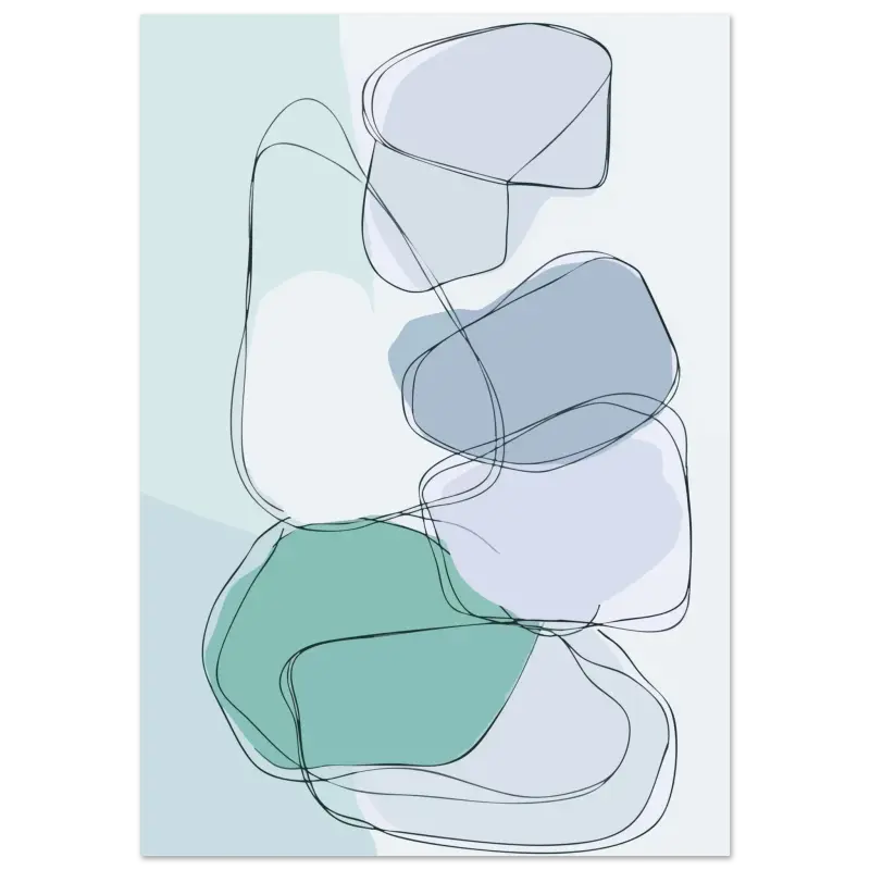 Impression d’art abstrait mettant en scène des formes organiques superposées en vert sauge doux, bleu-gris feutré et blanc, délimitées par de fines lignes noires.