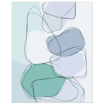 Impression d’art abstrait mettant en scène des formes organiques superposées en vert sauge doux, bleu-gris feutré et blanc, délimitées par de fines lignes noires.