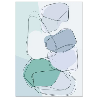 Impression d’art abstrait mettant en scène des formes organiques superposées en vert sauge doux, bleu-gris feutré et blanc, délimitées par de fines lignes noires.