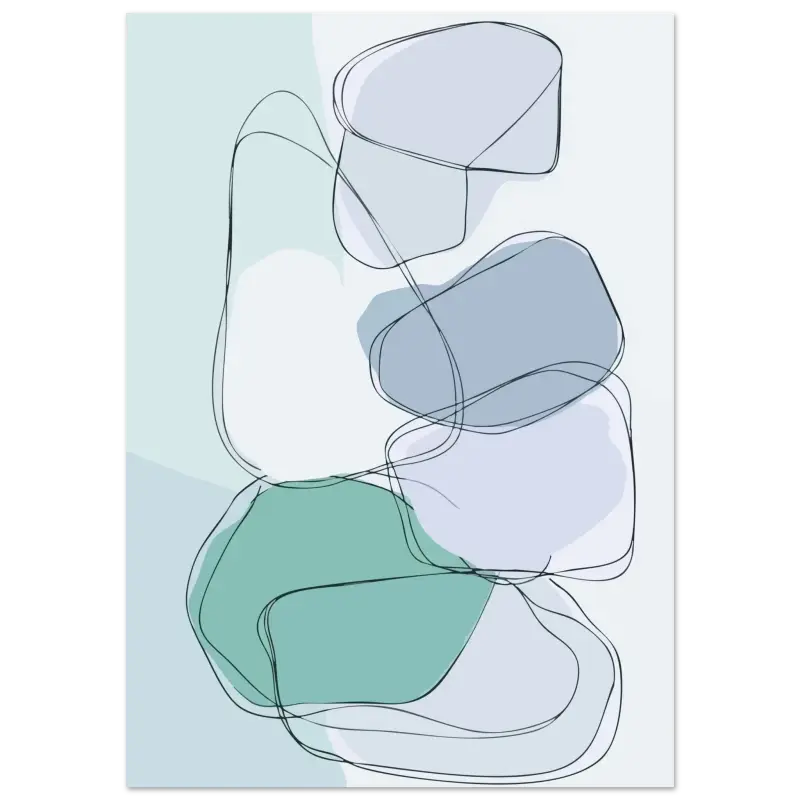 Impression d’art abstrait mettant en scène des formes organiques superposées en vert sauge doux, bleu-gris feutré et blanc, délimitées par de fines lignes noires.