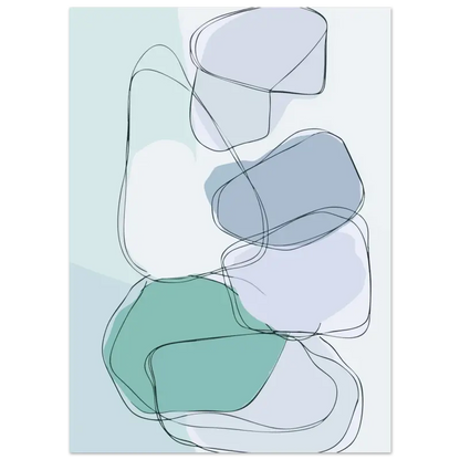 Impression d’art abstrait présentant des formes organiques superposées en teal doux, bleu-gris atténué et blanc, soulignées de fines lignes noires.