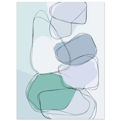 Impression d’art abstrait mettant en scène des formes organiques superposées en teal doux, bleu-gris atténué et blanc, délimitées par de fines lignes noires.