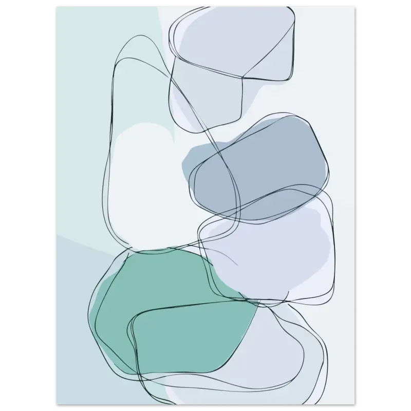 Impression d’art abstrait mettant en scène des formes organiques superposées en teal doux, bleu-gris atténué et blanc, délimitées par de fines lignes noires.