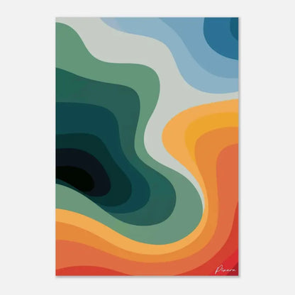 Impression d’art abstrait mettant en scène des bandes de couleur ondulantes et fluides dans des nuances de turquoise, bleu, orange et rouge.